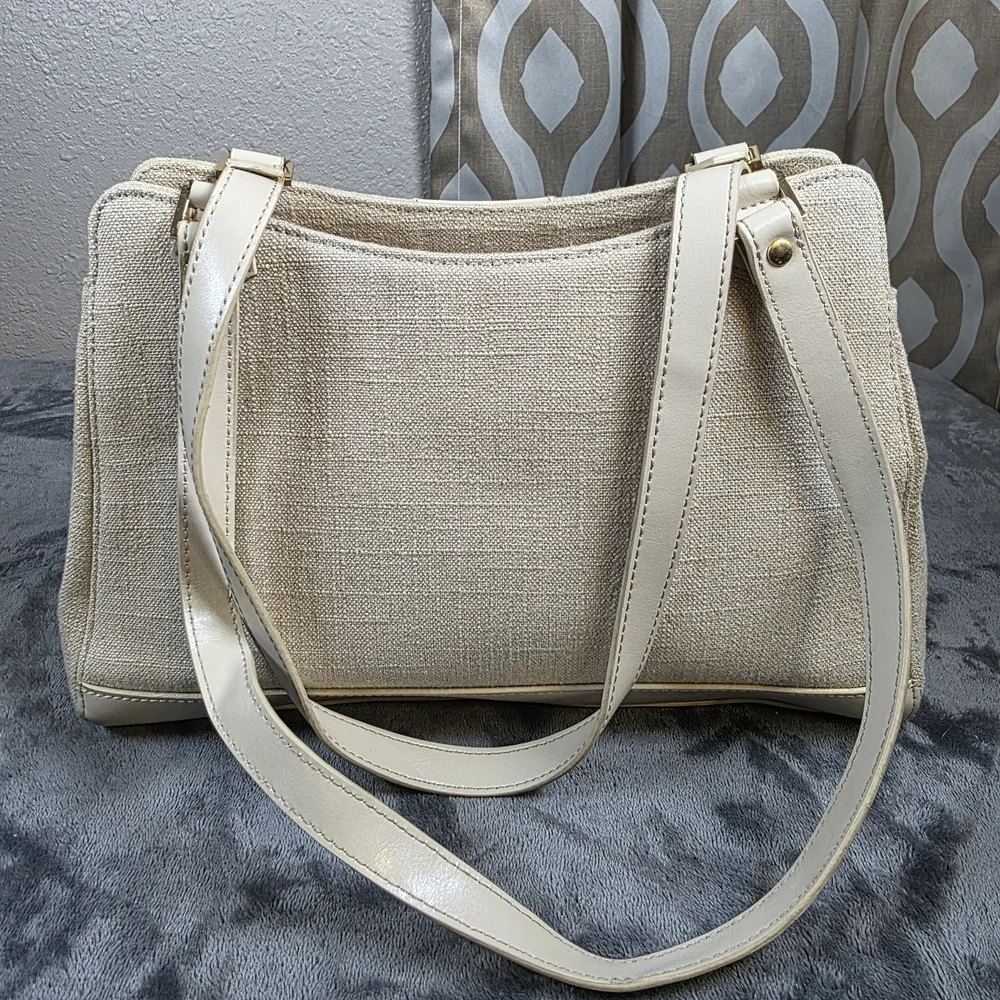Etienne Aigner Cream and Tan Linen Shoulder Bag.